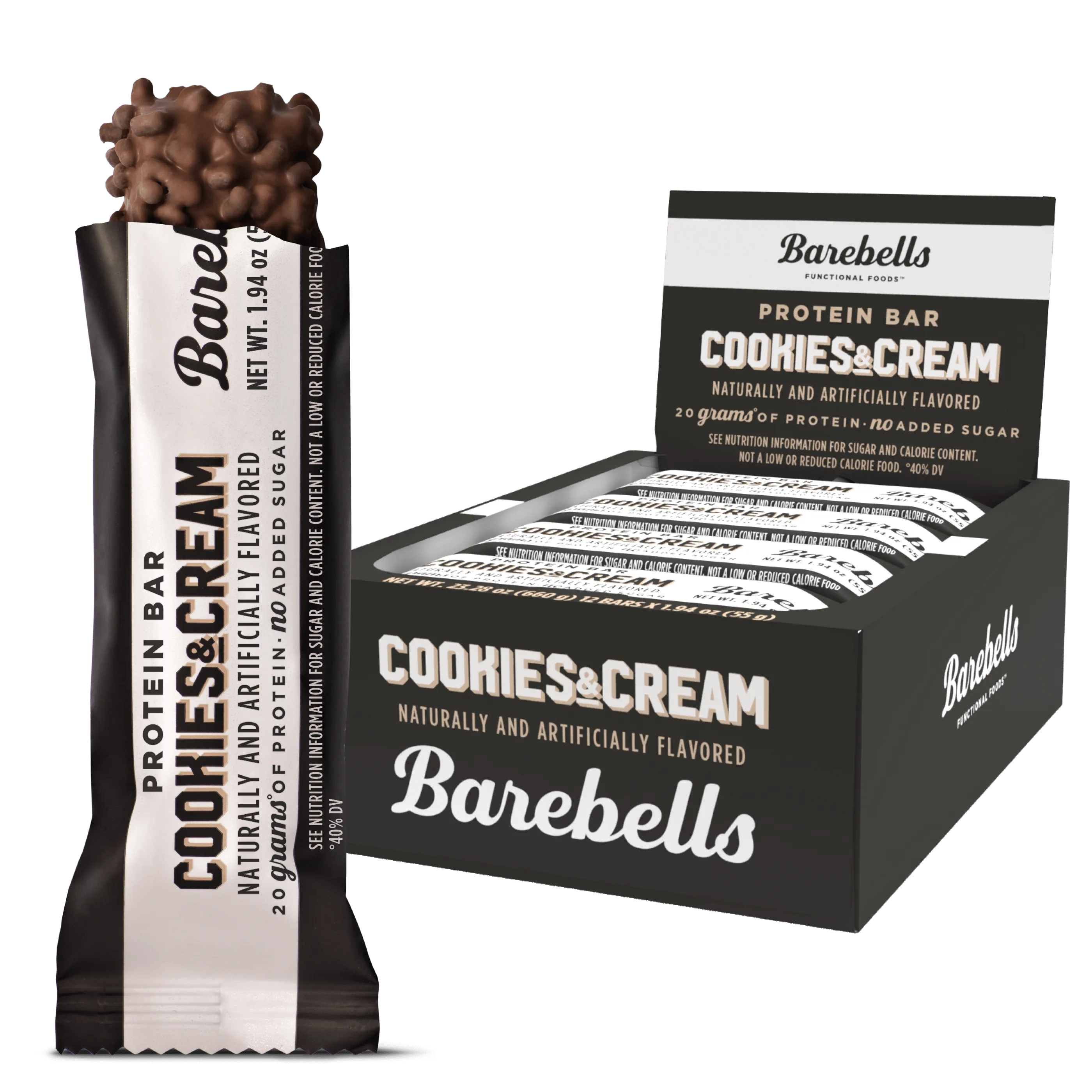 Officiële productfoto van Barebells Cookies & Cream Bar.