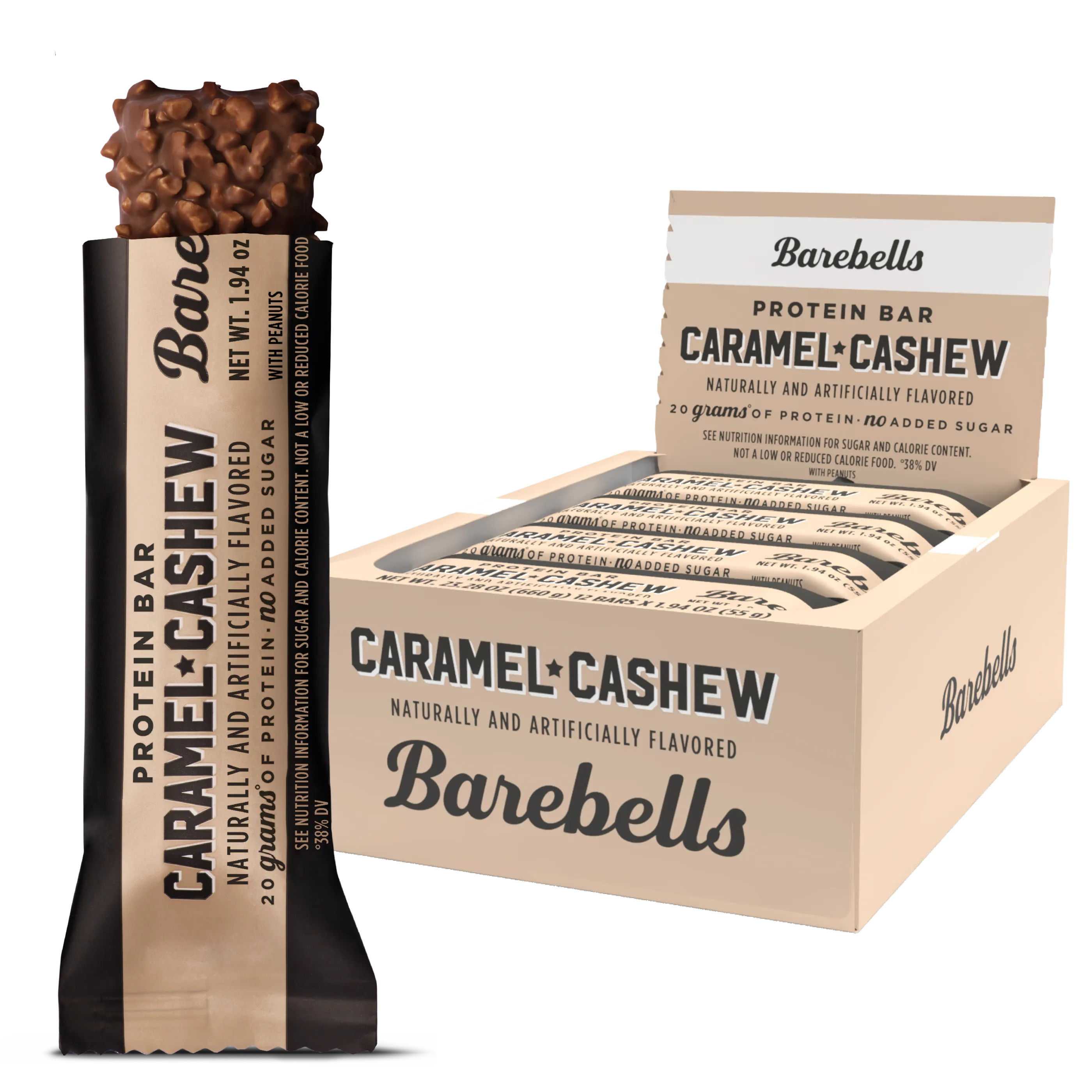 Officiële productfoto van Barebells Caramel Cashew Bar.